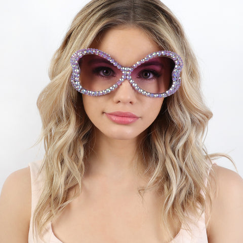 Kinley Butterfly Wing Oversized Rhinestone Sunglasses - Lavender