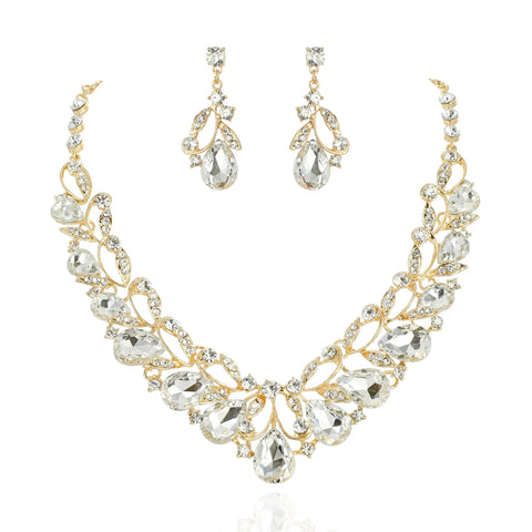 Florence Rhinestone Vine Necklace & Earring Set - Gold