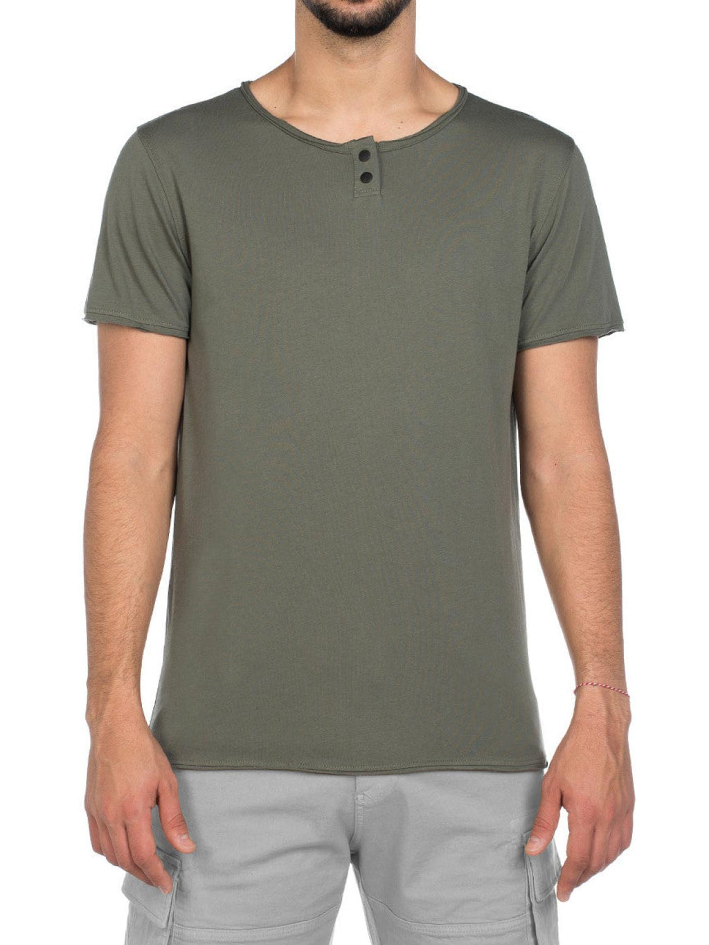 Slub Organic Sleeve T-shirt Long Henley Khaki Cotton