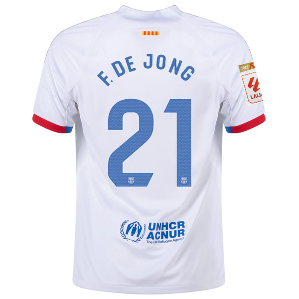 Nike Barcelona Joo Cancelo Away Jersey w/ Champions League Patches 23/24 (White/Royal Blue) Size S
