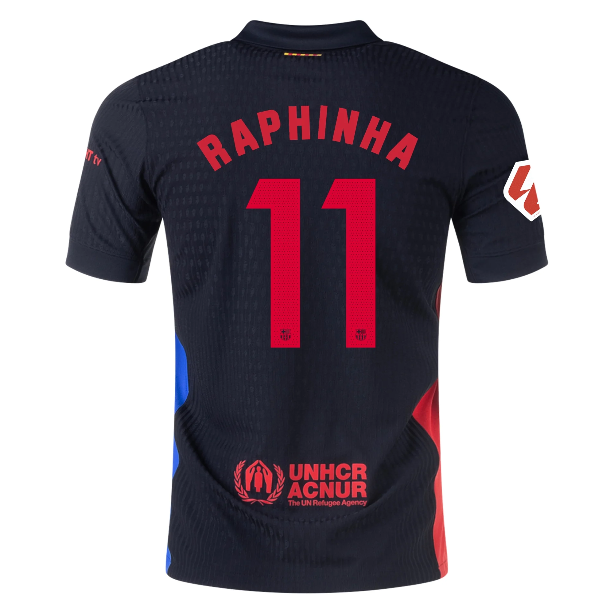 Nike Barcelona Authentic Raphinha Away Jersey w/ La Liga Patch 24/25 (Black/University Red/Hyper Royal) - Soccer Wearhouse product image