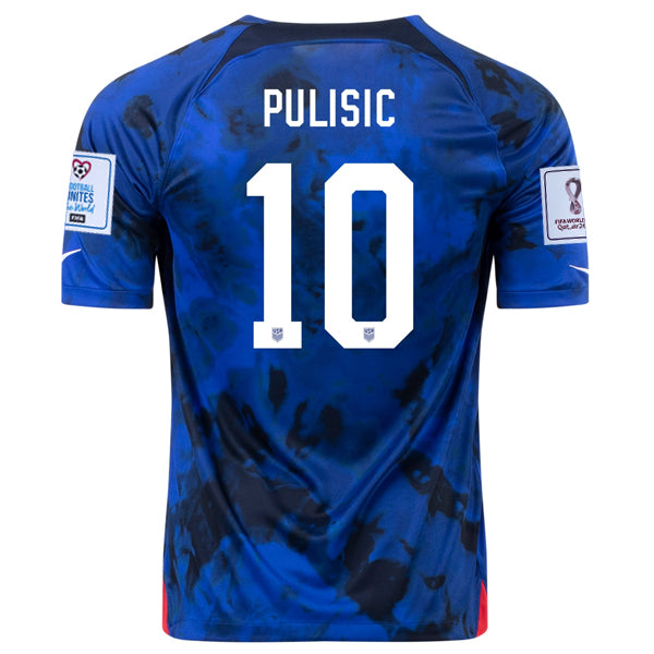 Image of Nike United States Christian Pulisic Away Jersey 22/23 w/ World Cup 2022 Patches (Bright Blue/White)