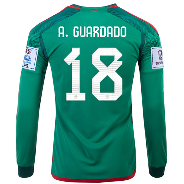 Image of adidas Mexico Andres Guardado Home Long Sleeve Jersey 22/23 w/ World Cup 2022 Patches (Vivid Green) IR 