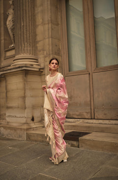 Blush Pink Satin Handloom Weaving Silk Saree