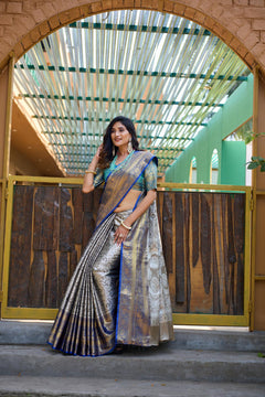 Silver grey banarasi tissue silk saree