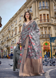 Charcoal Grey Printed Poly Brasso Handloom Weaving Saree