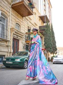 Celestial Blue With Pink Printed Satin Georgette Saree