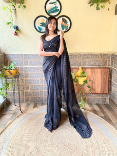 Jet Black Sequence Work With Crush Pattern Saree