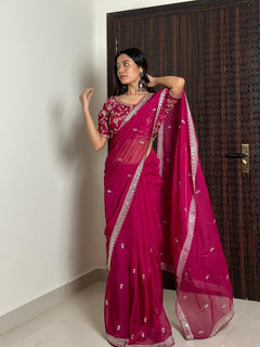 Magenta Purple Pure Soft Organza (Tabby Silk) Saree With Heavy Embroidery Zari And 3mm Sequence Work With Ton To Ton Arca Border.