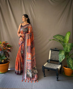 Classy Orange Kalamkari cotton saree