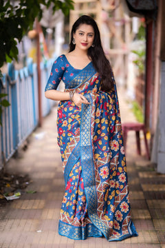 Mid Blue soft slub silk kalamkari printed with Jacq woven Zari border saree.