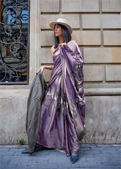 Dark Lavender Print Satin Crepe Sarees