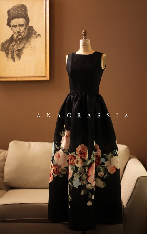 Black Floral Silk Gazar Ball Gown Dress