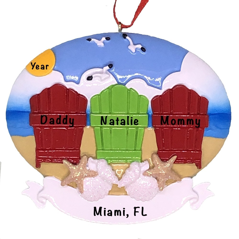 Beach Adirondack Family of 3 Personalized Ornament