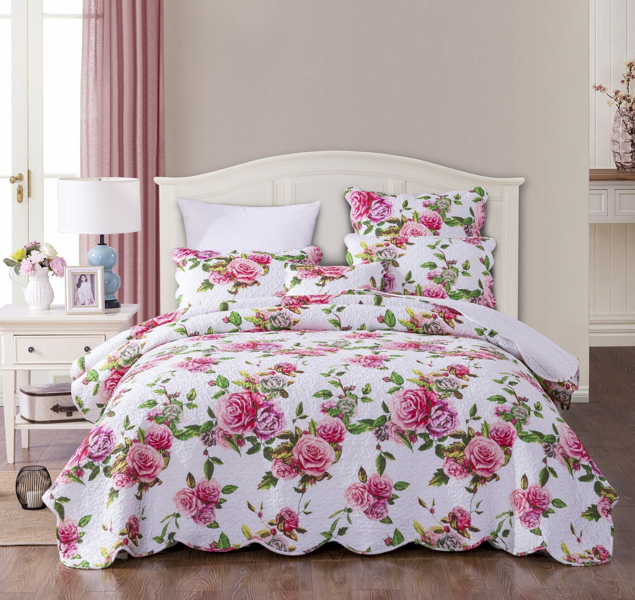 DaDa Bedding Romantic Roses Lovely Spring Pink Floral Quilted Scallope ...