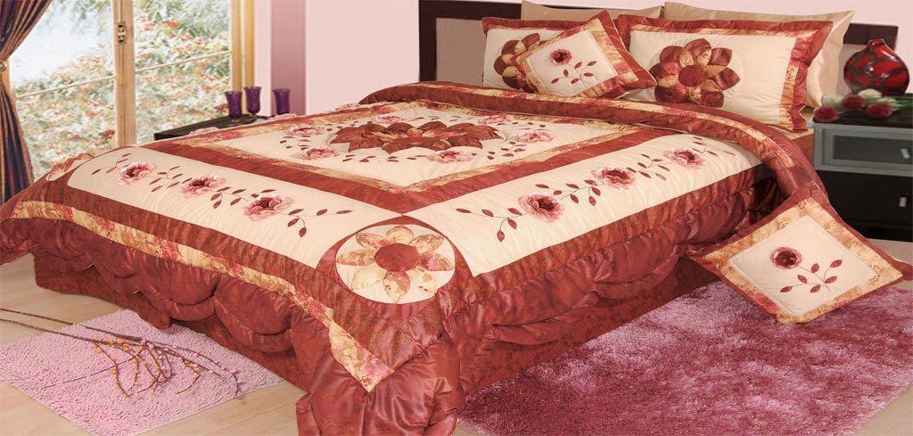 Dada Bedding Elegant Burgundy Red Floral Embellished Ruffles