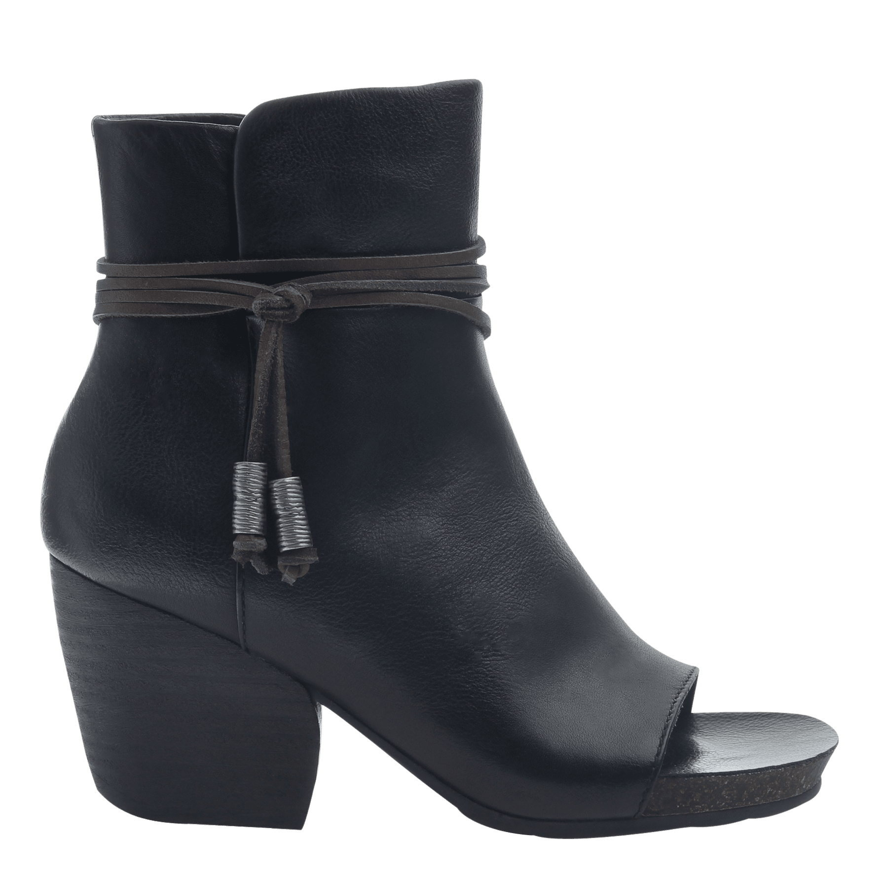 open toe black leather booties