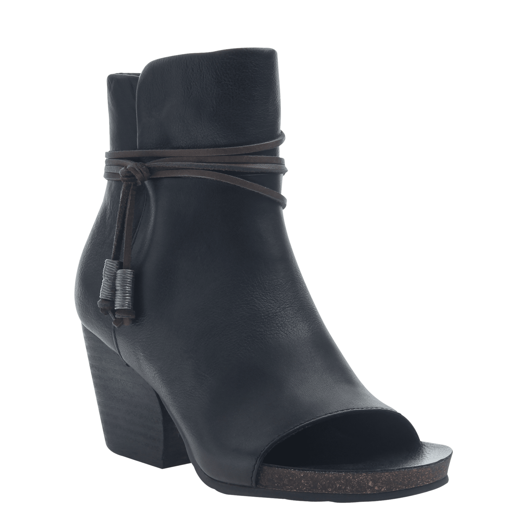 black leather open toe booties