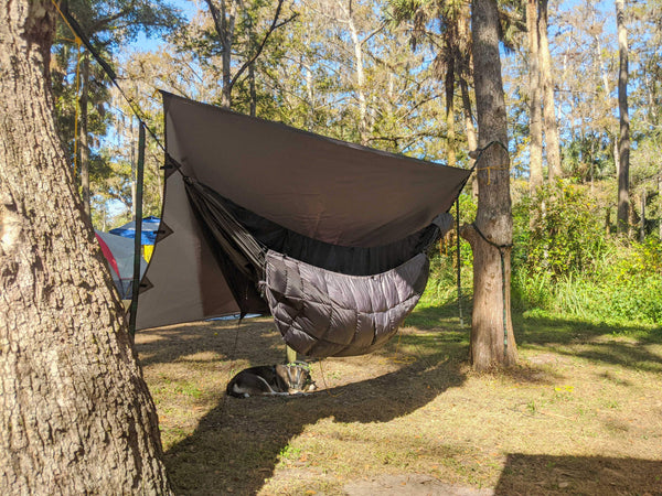 Just remove the stakes from one side of the tarp, flip it over the other slide and tie off the corners.