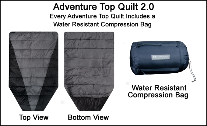 The Adventure Top Quilt Includes a Durable Water Resistant Compression Bag