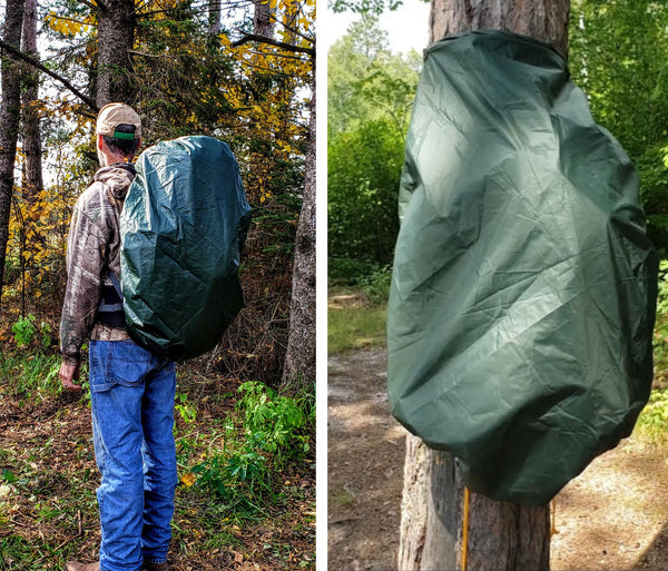 Landing Pad being used as a backpack cover while hiking. On the right, the Landing Pad protects a backpack that's hanging on a tree.