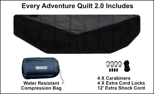 The Adventure Under Quilt 2.0 included 4 carabiners, extra cord locks and shock cord so you can adapt it to the camping hammock you already have.