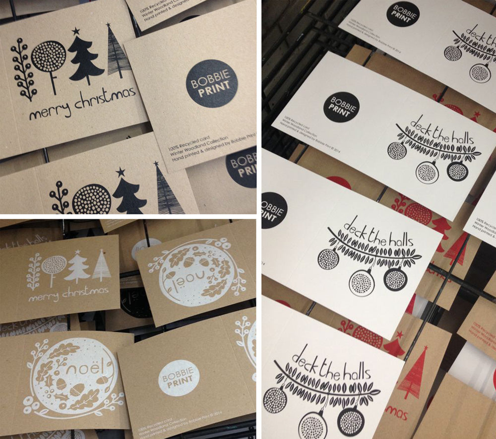 Bobbie Print hand printed, Winter Woodland screen printed Christmas cards.  Designed and printed by Victoria Oatway for Bobbie Print is Scotland.