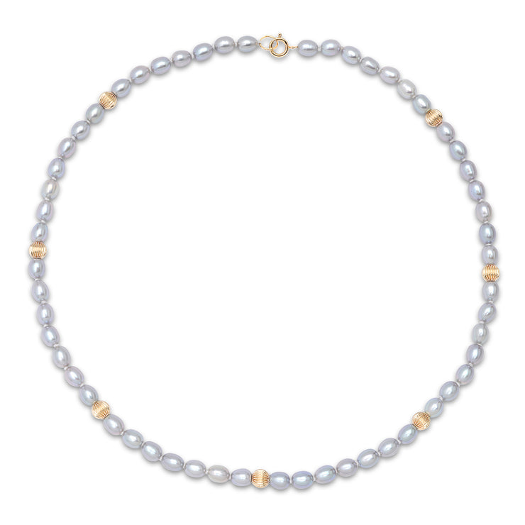 14K YG Gray Pearl and Reeded Gold Bead Necklace