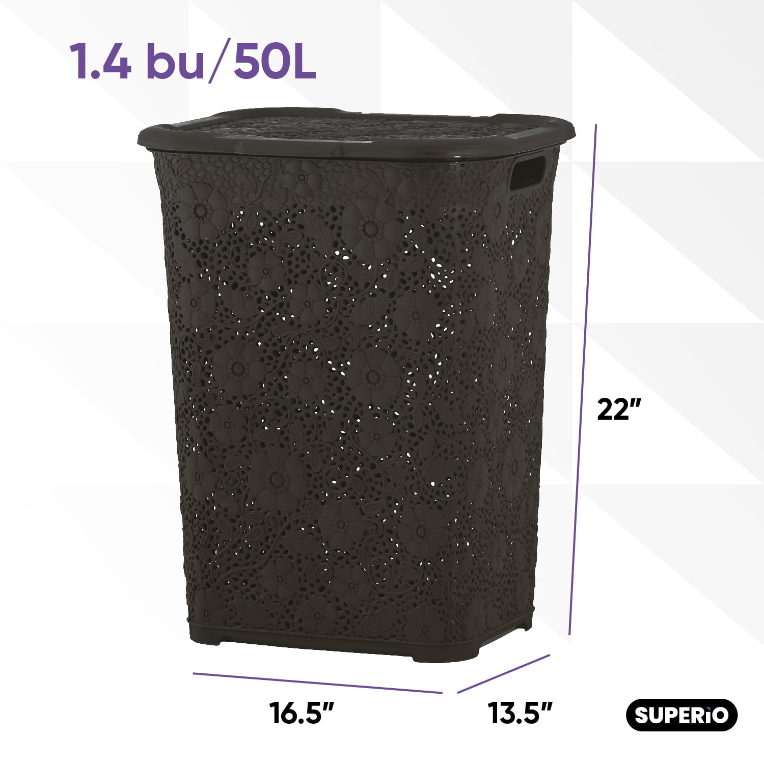 Superio 50L Large Capacity Plastic Laundry Hamper with Lid, Lace, Brown - 1080-BRN_20231122134008_daab26f1-891d-4bee-9c26-bafddf8f1060