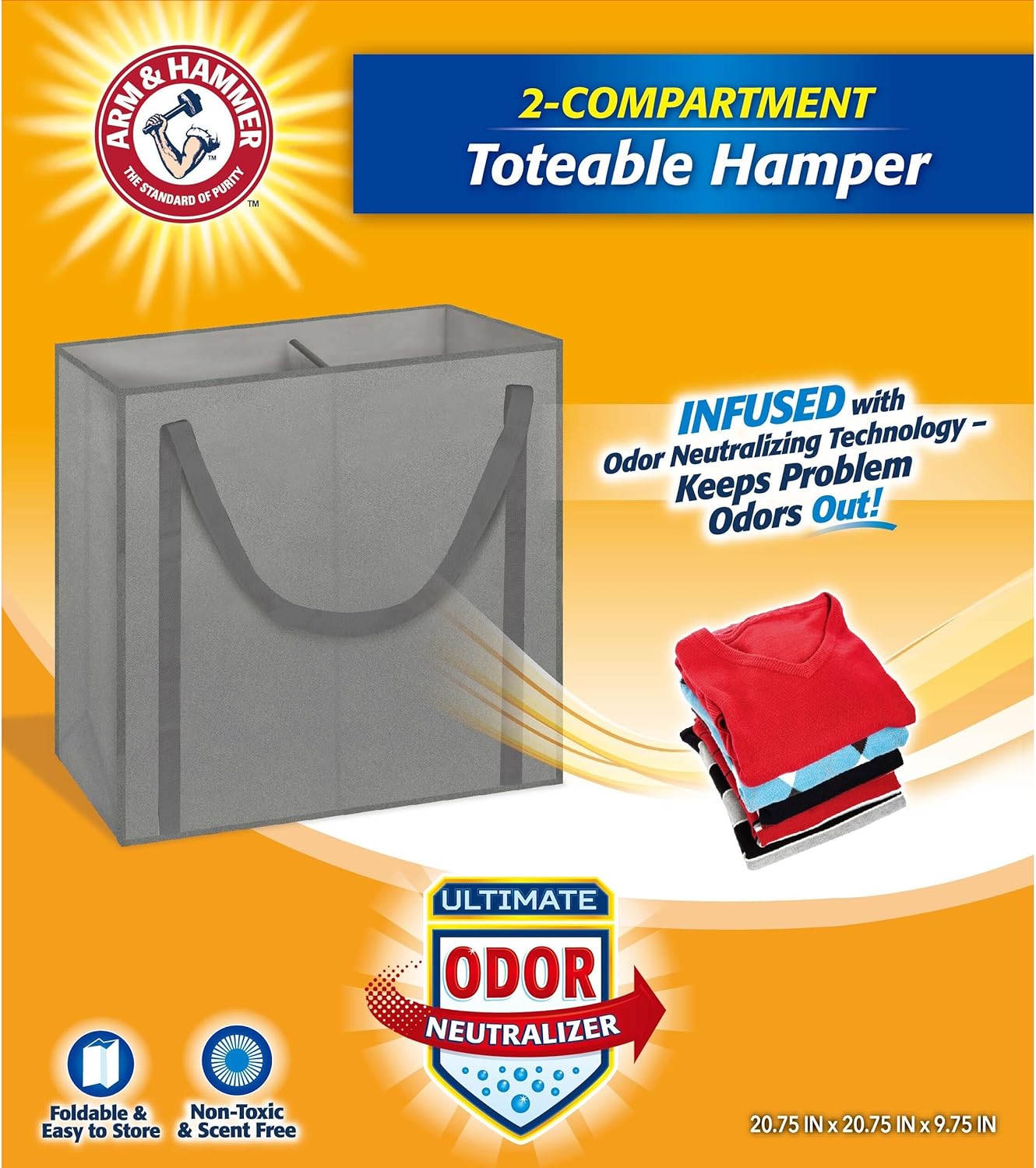 Arm & Hammer 2 Compartment Laundry Hamper Tote - Grey, Odor-Eliminating Storage Solution with Silver Technology - 48115164-3