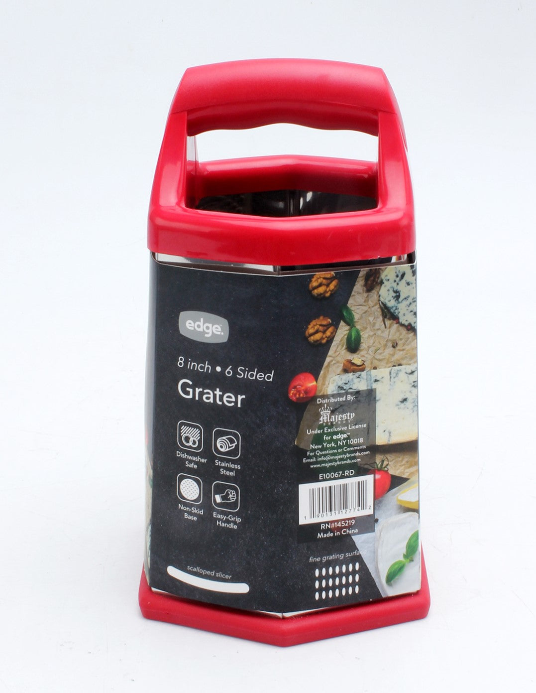 Premium 8" Stainless Steel 6 Sided Grater with Silicone Handles and Non-Skid Base - Red - E10067-RD-2