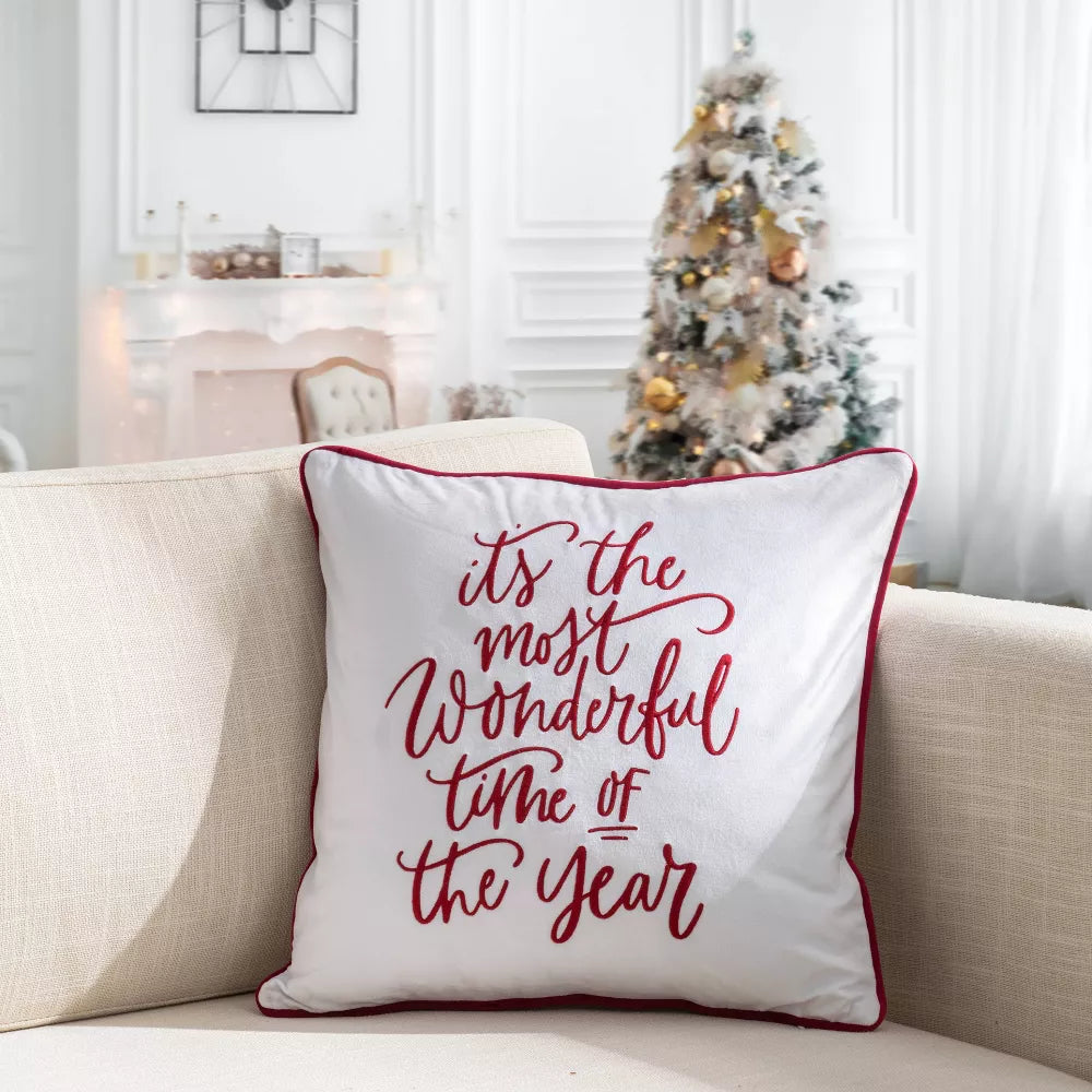 'It's The Most Wonderful Time of the Year' Embroidered Square Throw Pillow White- 18 x 18 - EG7800803-3