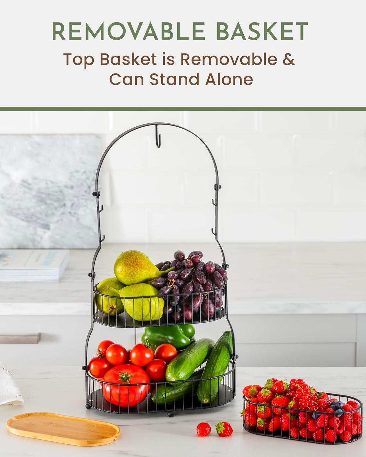 Countertop Fruit Holder for Kitchen Counter, 3 Tiered Stand with Removable Baskets, Banana Hook and Bamboo Lid 3-tier - JM-HQVL-PB1B-3