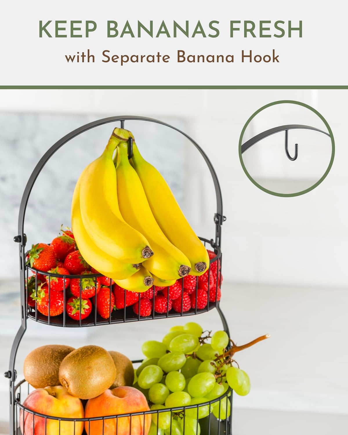 Countertop Fruit Holder for Kitchen, 2 Tiered Stand with Removable Basket, Banana Hook and Bamboo Lid - JP-K441-J1A3-4