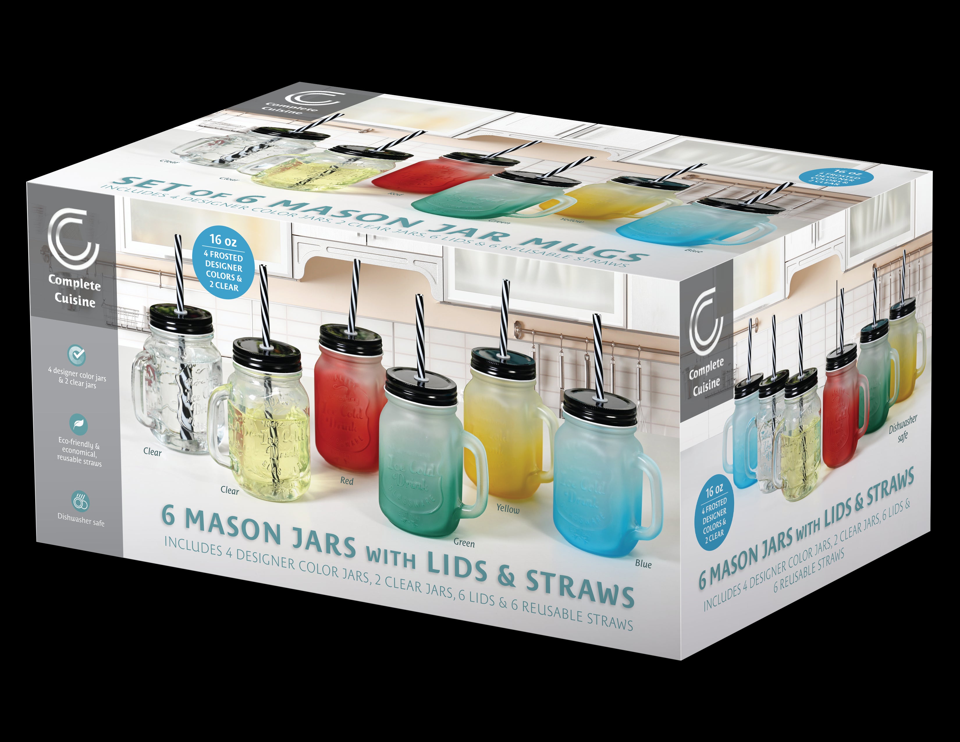 16oz Mason Jars with Lids and Straws, 6-Pack - Frosted & Clear Designer Colors - Eco-Friendly & Dishwasher Safe - NL-6000-MJ-2