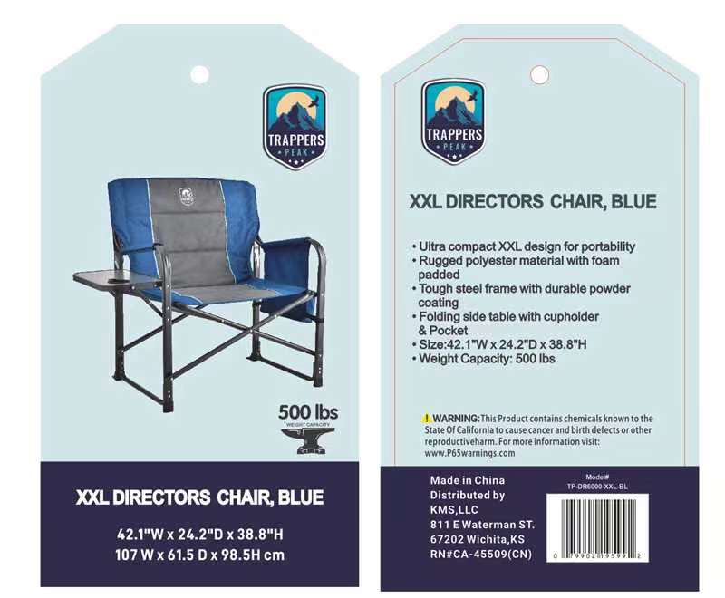 Blue XXL Directors Chair with Foldable Table & Side Pocket - Ideal for Camping, Tailgating, and Lounging - TP-DR6000-XXL-BL-2