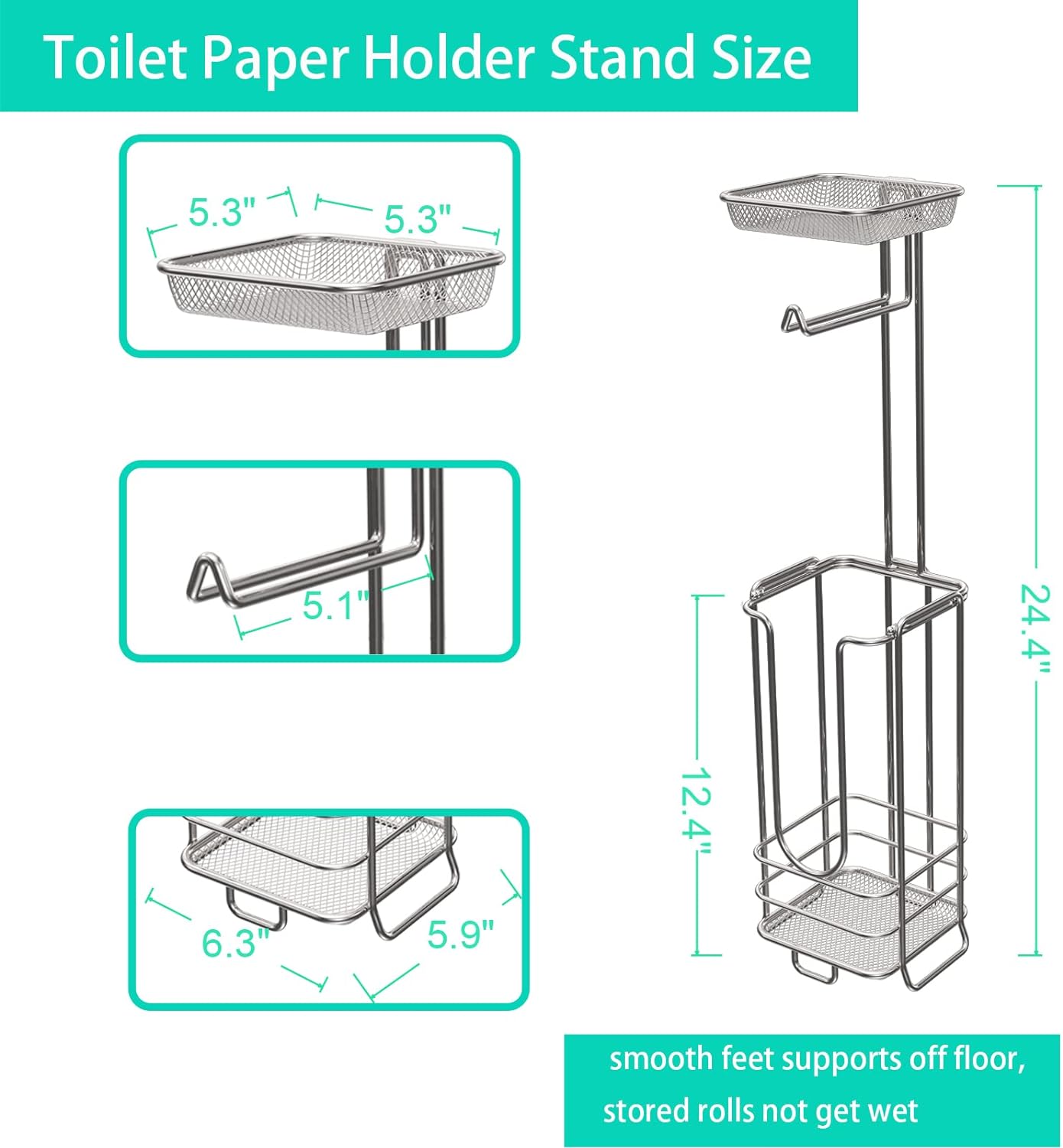 zccz Toilet Paper Holder Stand with Shelf - Silver, Anti-Rust Metal, 5-in-1 Design for Bathroom Organization - TPH-04-S-7