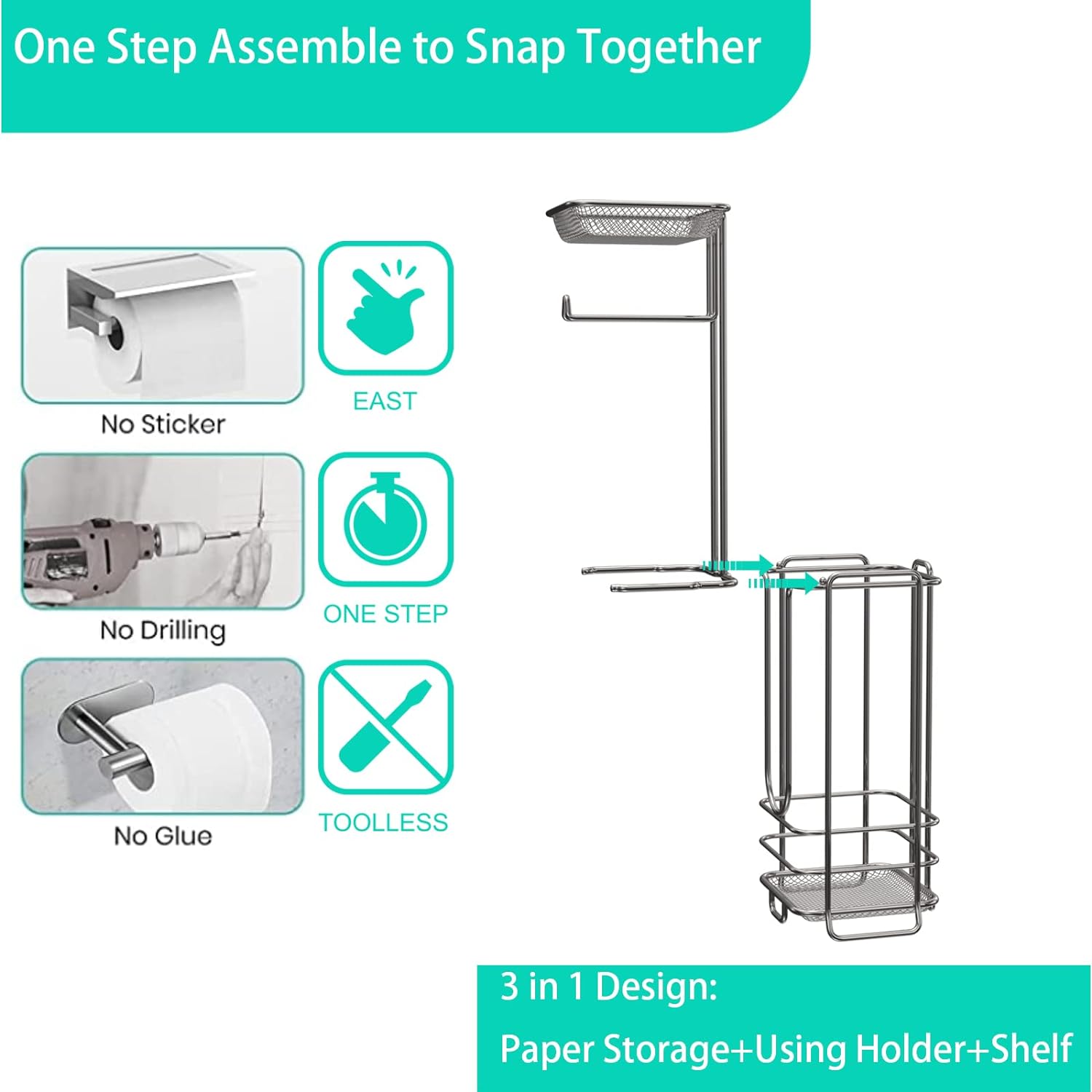 Silver Metal Toilet Paper Holder Stand with Shelf - Sturdy 5-in-1 Bathroom Organizer - TPH-SILVER-3