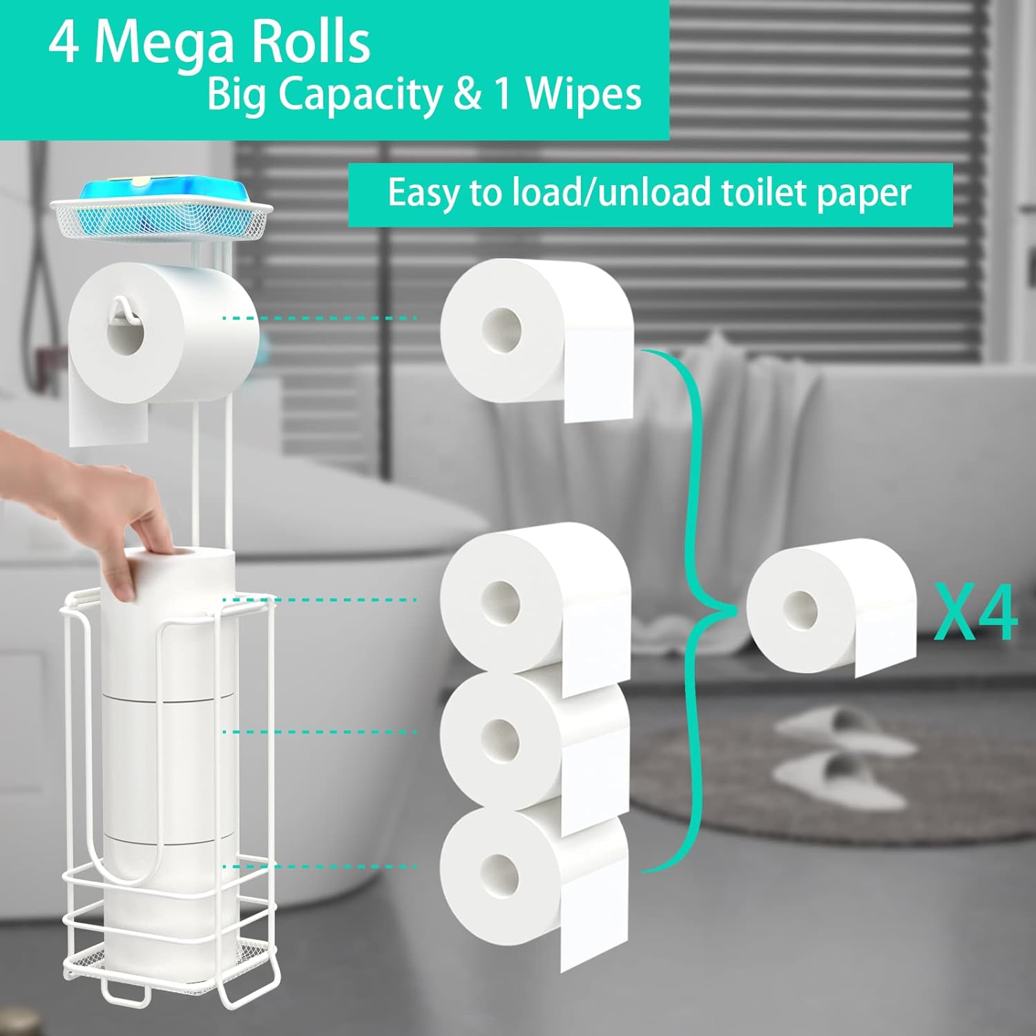 zccz Toilet Paper Holder Stand with Shelf - White, Anti-Rust Metal, Holds 4 Mega Rolls, Easy Assembly, Compact & Durable - TPH-WHITE-4