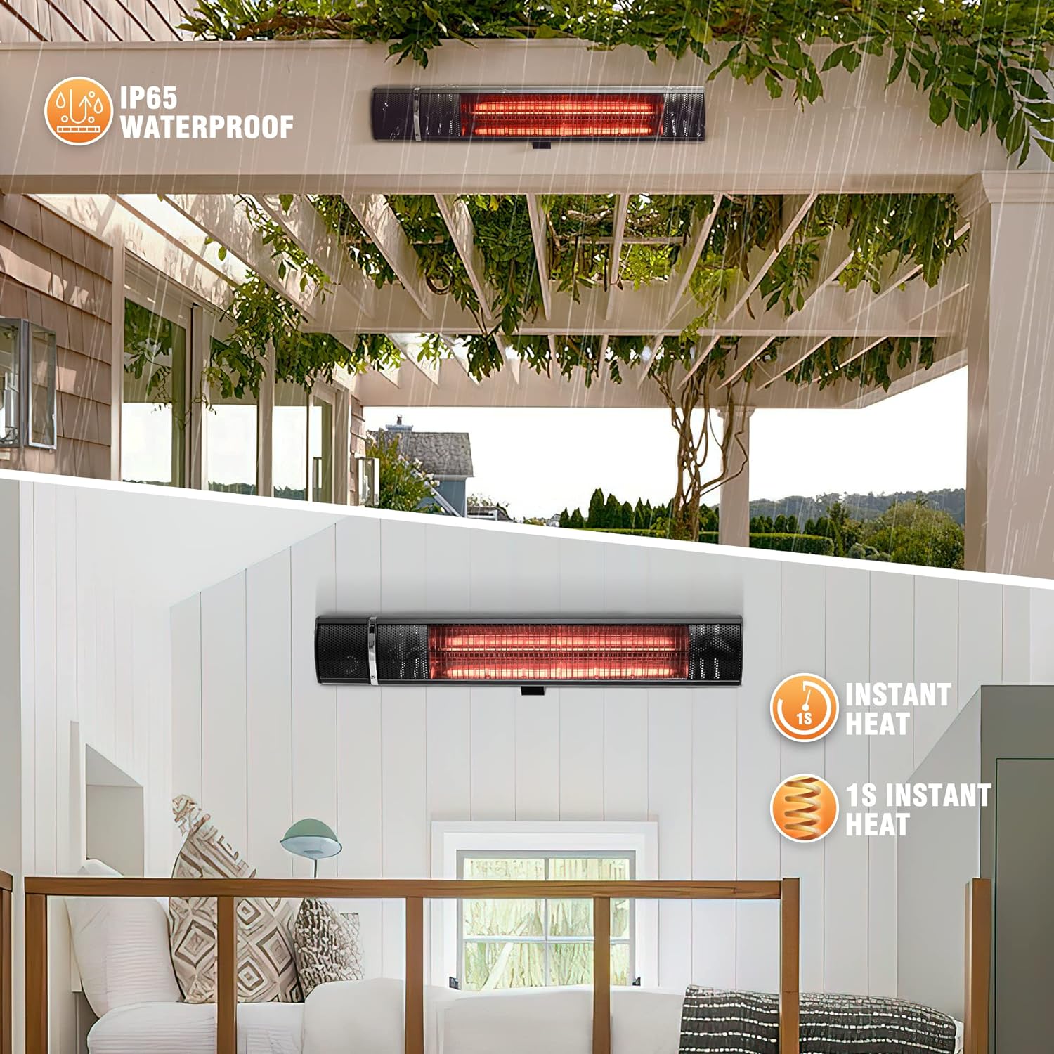 1500W Infrared Electric Patio Heater - 3 Power Settings, Remote Control, Overheat Protection, Wall-Mounted - Indoor/Outdoor, Black - TW15R-2