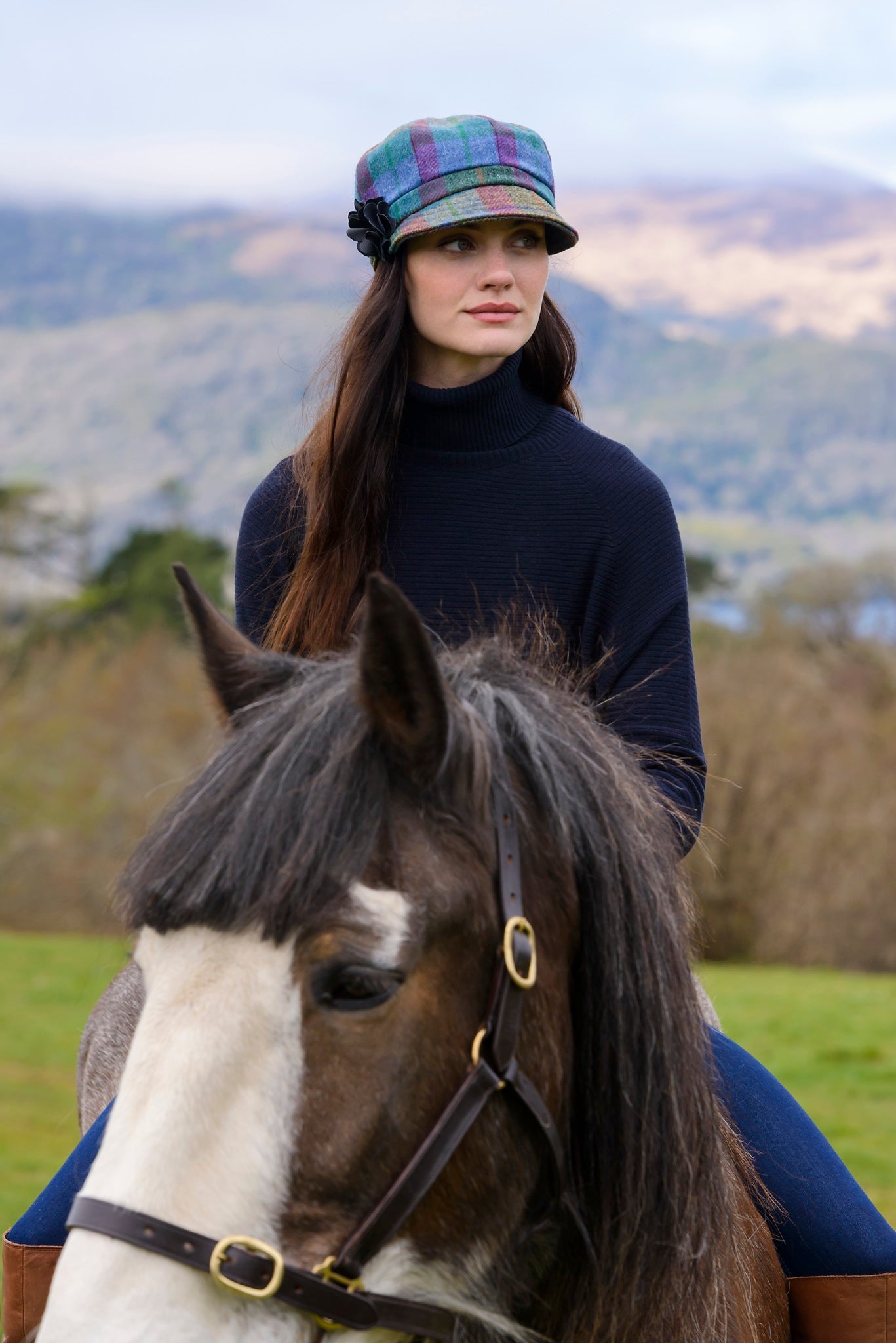 Ladies Tweed Newsboy Hat - Pink/Green/Blue Plaid - Made in Ireland