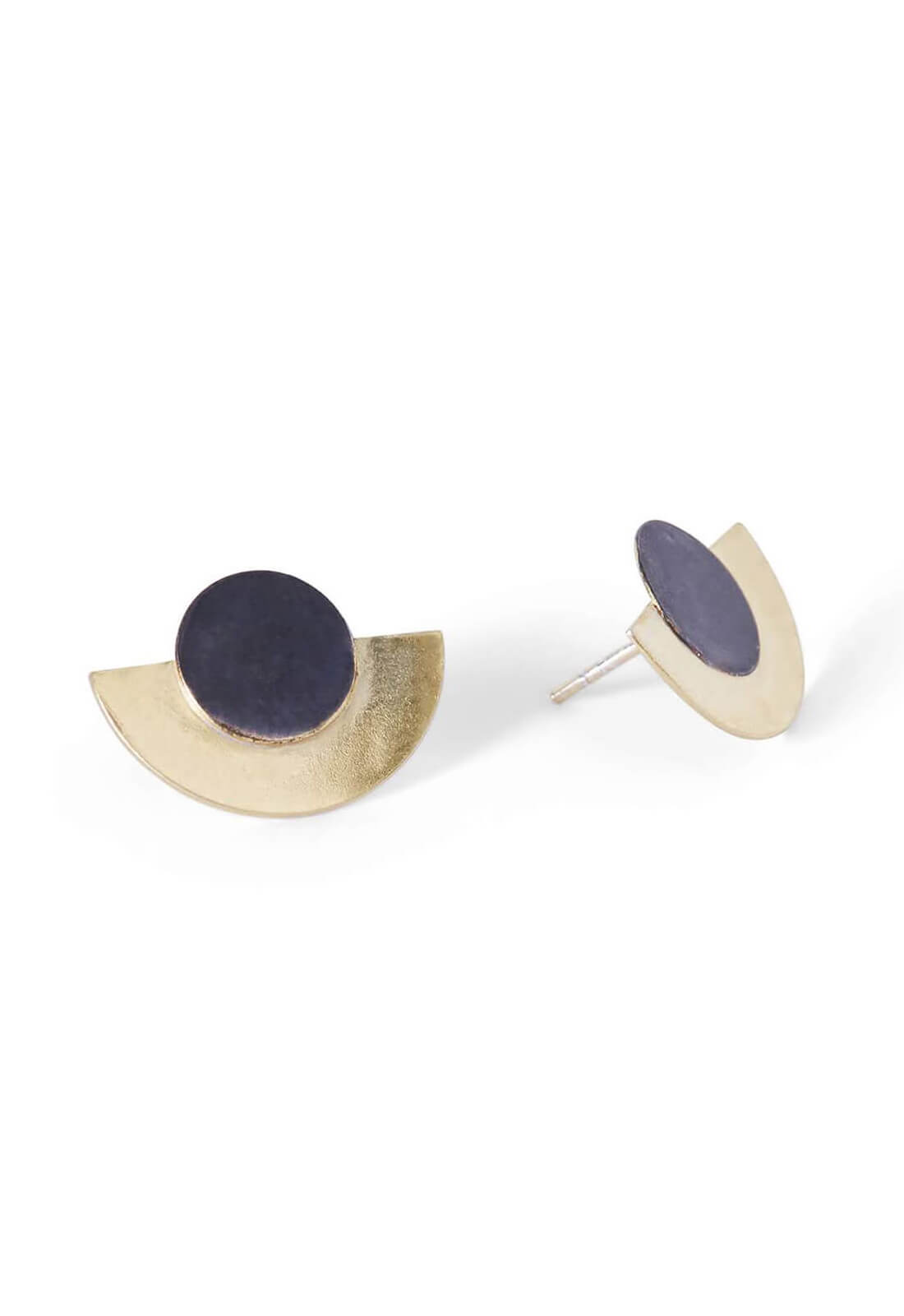 Handcrafted Disk and Dot Stud Earrings, Black and Gold