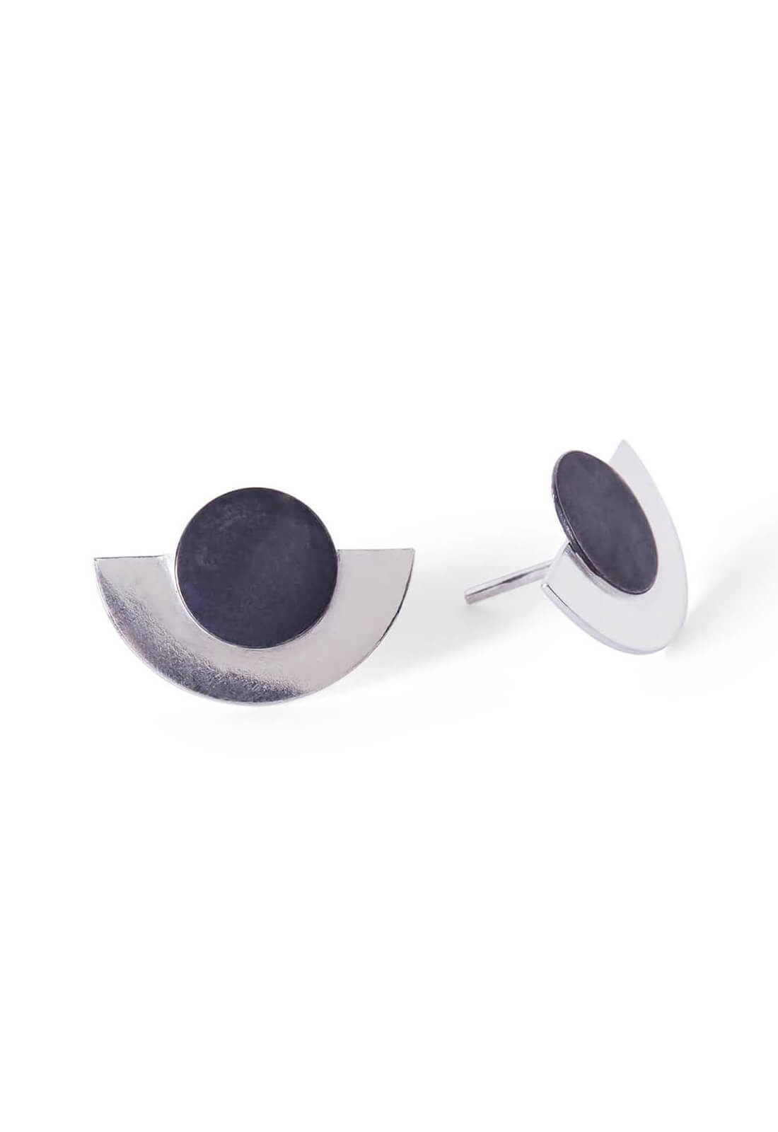 Handcrafted Disk and Dot Stud Earrings, Black and Silver