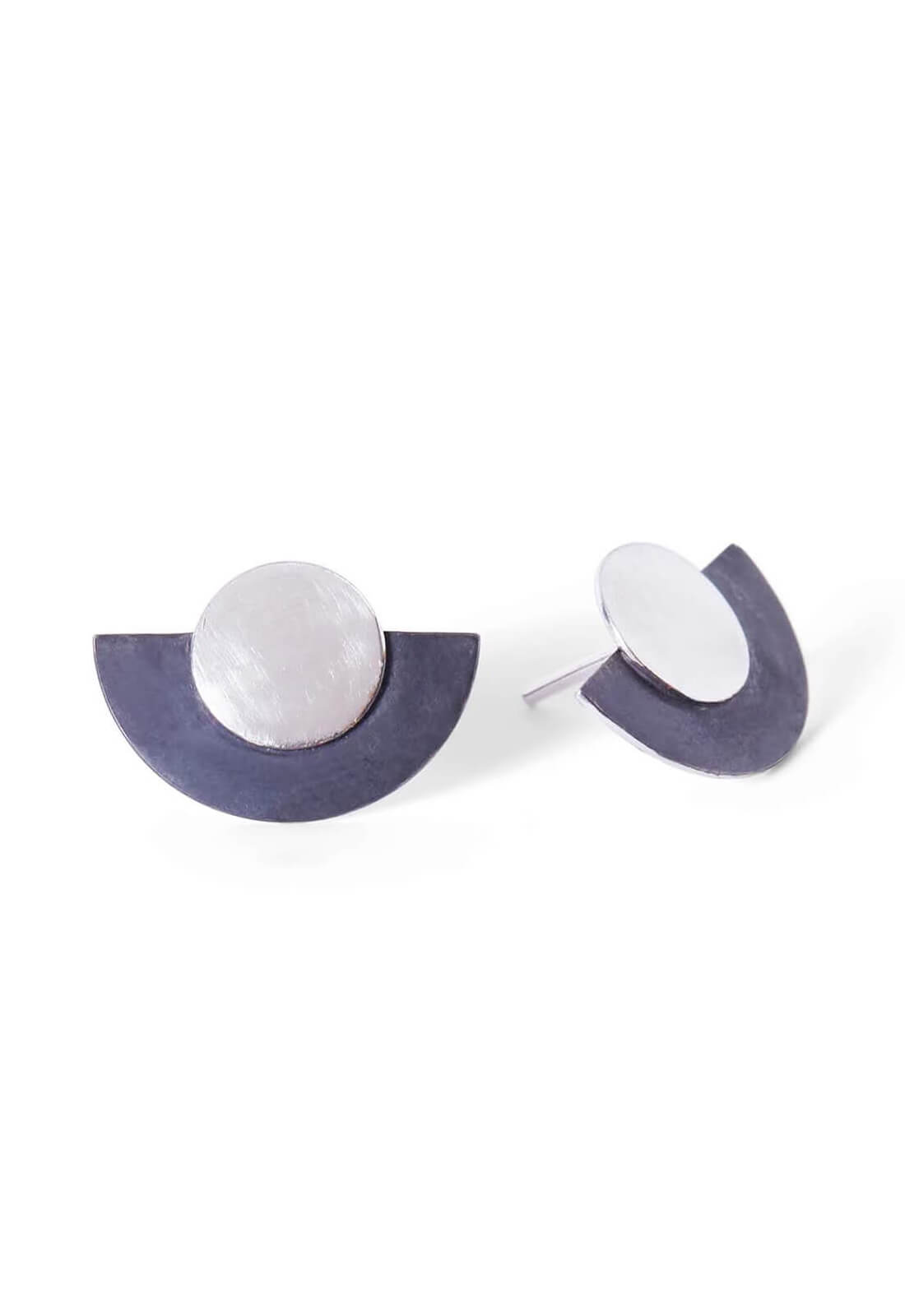 Handcrafted Disk and Dot Stud Earrings, Silver and Black