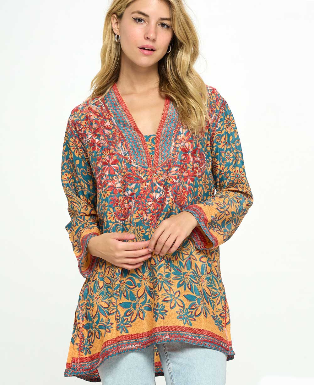 Embroidered Eyelet Turquoise Cotton Tunic Top