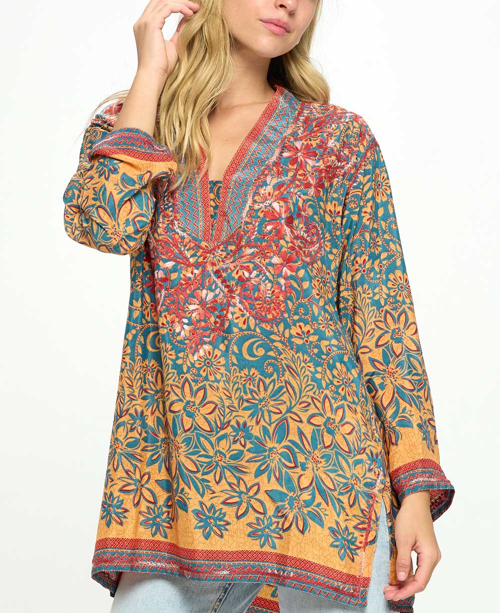 Embroidered Eyelet Turquoise Cotton Tunic Top