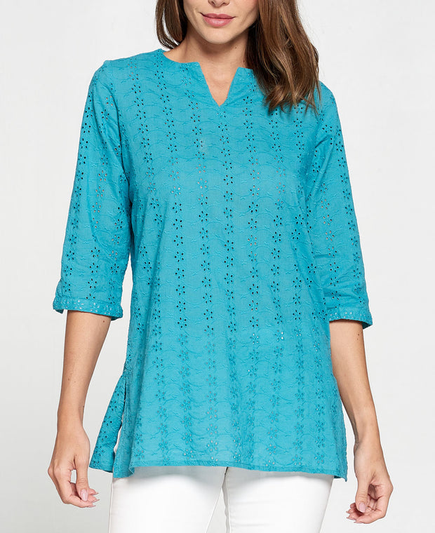 Embroidered Eyelet Turquoise Cotton Tunic Top – Cultural Elements