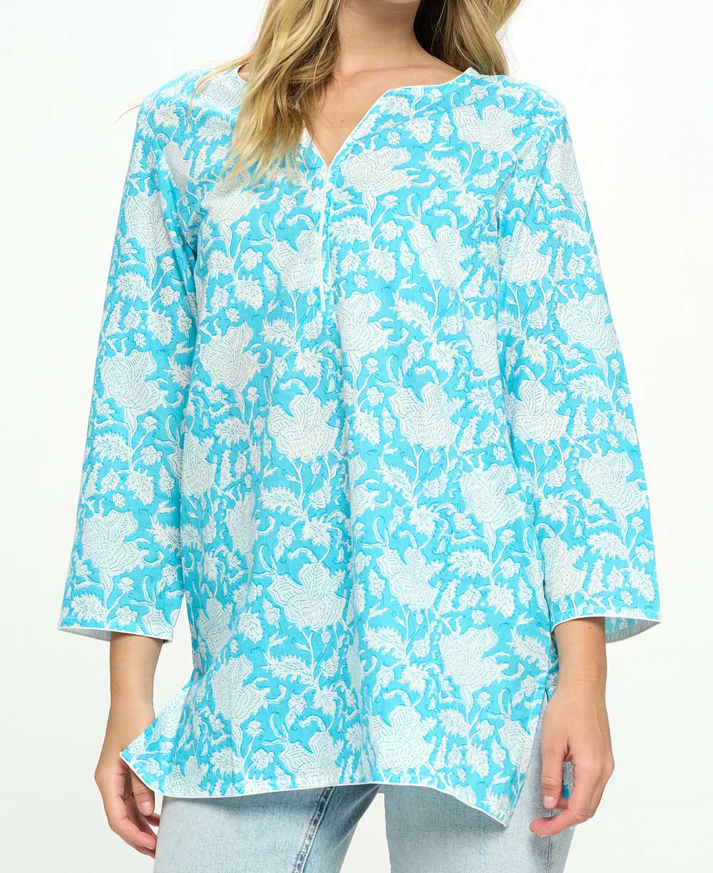 Embroidered Eyelet Turquoise Cotton Tunic Top