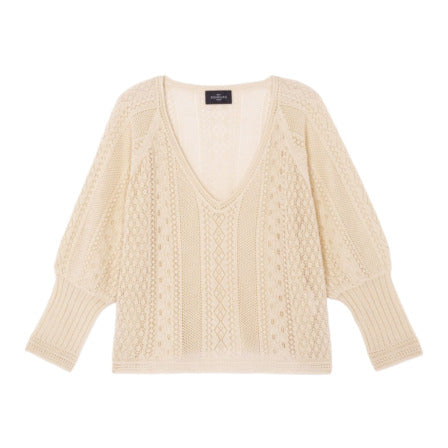 Top col V en pointelle Naturel