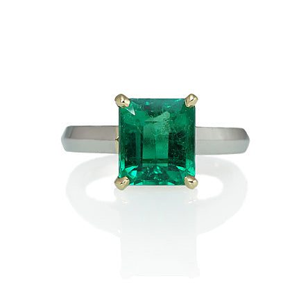 Custom Made Colombian Emerald solitaire engagement ring, Boston MA